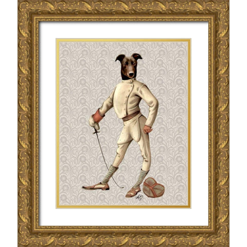 Greyhound Fencer in Cream Full Gold Ornate Wood Framed Art Print with Double Matting by Fab Funky