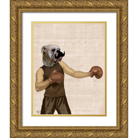 Boxing Bulldog Portrait Gold Ornate Wood Framed Art Print with Double Matting by Fab Funky