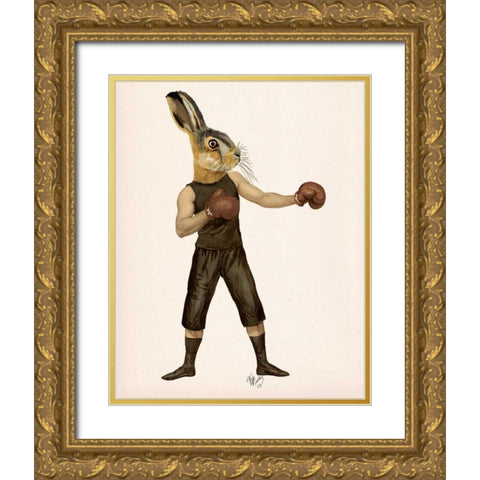 Boxing Hare Gold Ornate Wood Framed Art Print with Double Matting by Fab Funky