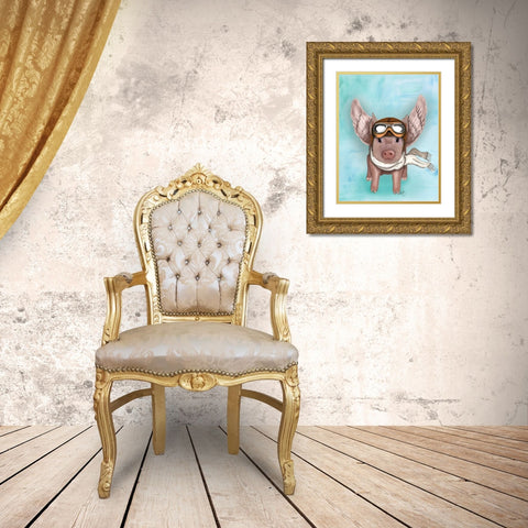 Aviator Piggy Gold Ornate Wood Framed Art Print with Double Matting by Fab Funky