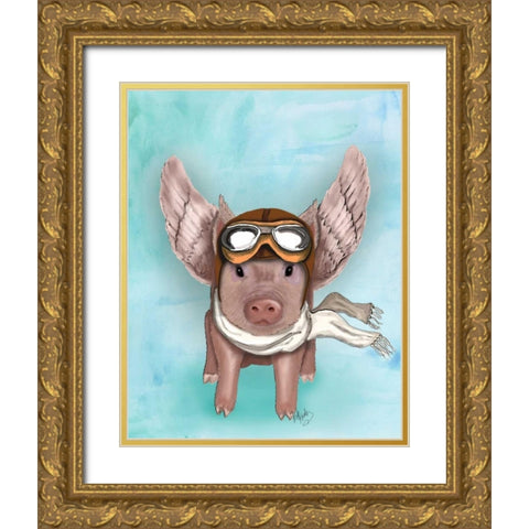 Aviator Piggy Gold Ornate Wood Framed Art Print with Double Matting by Fab Funky