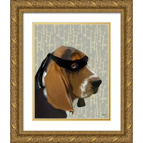Ninja Basset Hound Dog Gold Ornate Wood Framed Art Print with Double Matting by Fab Funky