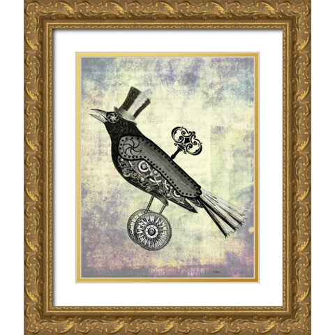 Steampunk Crow Gold Ornate Wood Framed Art Print with Double Matting by Fab Funky