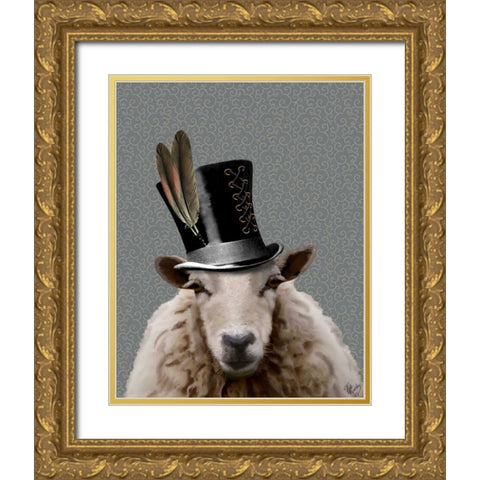 Steampunk Sheep Gold Ornate Wood Framed Art Print with Double Matting by Fab Funky
