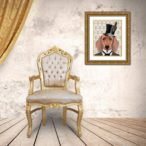 Dachshund Dog With Top Hat Gold Ornate Wood Framed Art Print with Double Matting by Fab Funky