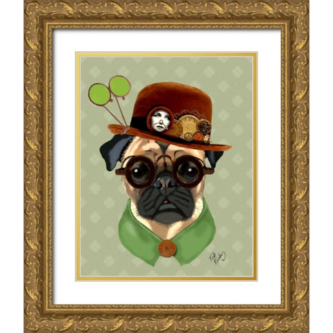 Pug With Steampunk Bowler Hat Gold Ornate Wood Framed Art Print with Double Matting by Fab Funky