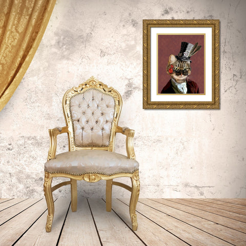 Phileas Feline Steampunk Cat Gold Ornate Wood Framed Art Print with Double Matting by Fab Funky