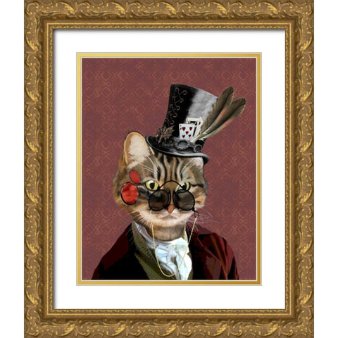Phileas Feline Steampunk Cat Gold Ornate Wood Framed Art Print with Double Matting by Fab Funky