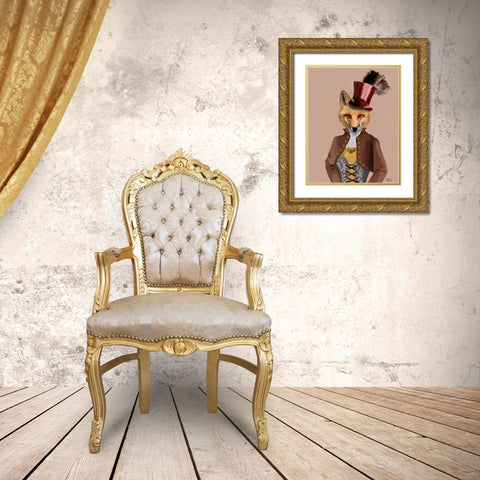 Vivienne Steampunk Fox Gold Ornate Wood Framed Art Print with Double Matting by Fab Funky
