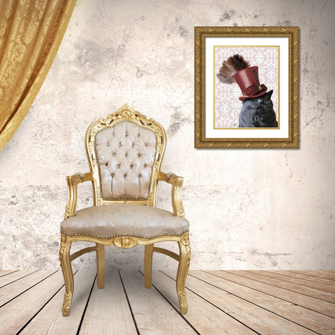 Grey Cat With Steampunk Top Hat Gold Ornate Wood Framed Art Print with Double Matting by Fab Funky