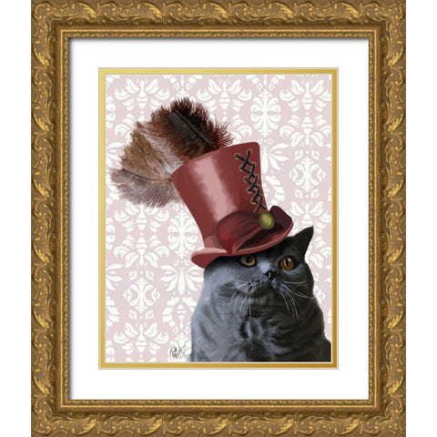 Grey Cat With Steampunk Top Hat Gold Ornate Wood Framed Art Print with Double Matting by Fab Funky