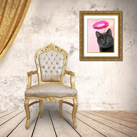 Black Cat With Pink Angel Halo Gold Ornate Wood Framed Art Print with Double Matting by Fab Funky