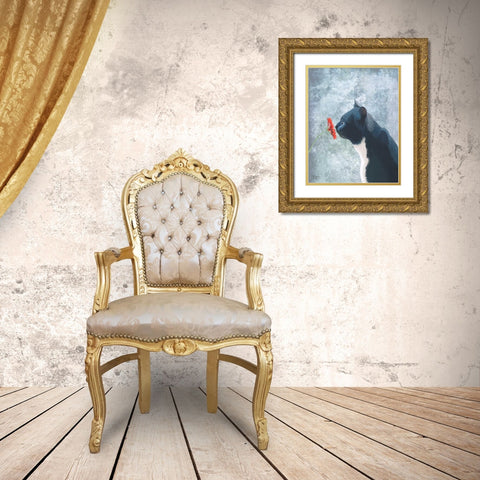 Black Cat Sniffing Flower Gold Ornate Wood Framed Art Print with Double Matting by Fab Funky