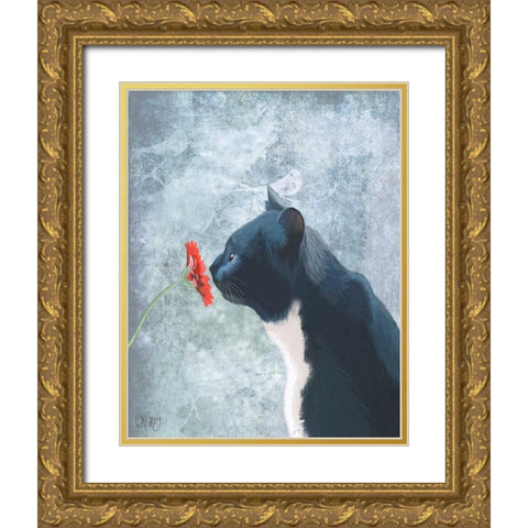 Black Cat Sniffing Flower Gold Ornate Wood Framed Art Print with Double Matting by Fab Funky