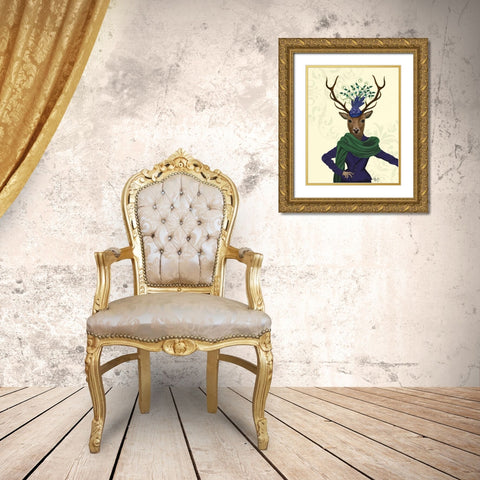 Deer and Fascinator Gold Ornate Wood Framed Art Print with Double Matting by Fab Funky