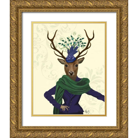 Deer and Fascinator Gold Ornate Wood Framed Art Print with Double Matting by Fab Funky