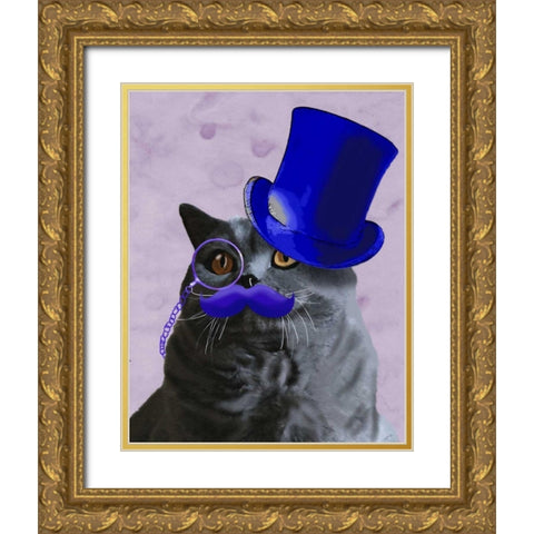 Grey Cat With Blue Top Hat and Moustache Gold Ornate Wood Framed Art Print with Double Matting by Fab Funky