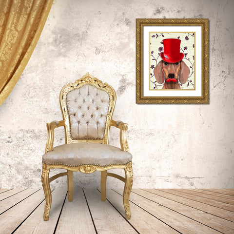 Dachshund With Red Top Hat Gold Ornate Wood Framed Art Print with Double Matting by Fab Funky