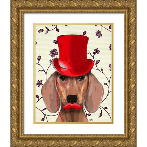 Dachshund With Red Top Hat Gold Ornate Wood Framed Art Print with Double Matting by Fab Funky