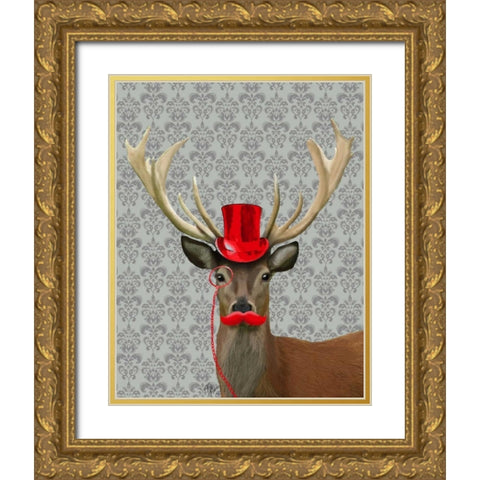 Deer With Red Hat and Moustache Gold Ornate Wood Framed Art Print with Double Matting by Fab Funky