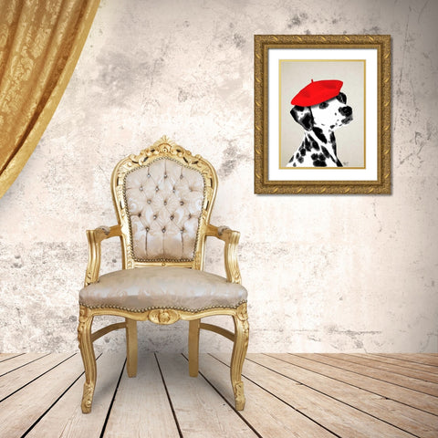 Dalmatian With Red Beret Gold Ornate Wood Framed Art Print with Double Matting by Fab Funky