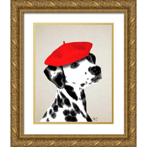 Dalmatian With Red Beret Gold Ornate Wood Framed Art Print with Double Matting by Fab Funky