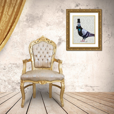 Pigeon in Waistcoat and Top Hat Gold Ornate Wood Framed Art Print with Double Matting by Fab Funky