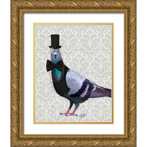 Pigeon in Waistcoat and Top Hat Gold Ornate Wood Framed Art Print with Double Matting by Fab Funky