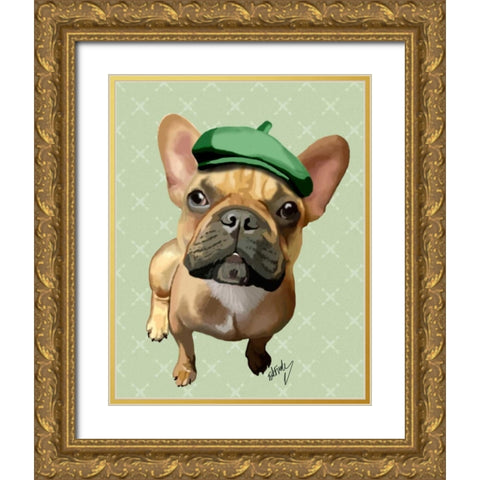 Brown French Bulldog with Green Hat Gold Ornate Wood Framed Art Print with Double Matting by Fab Funky