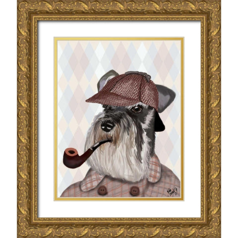 Schnauzer Sherlock Gold Ornate Wood Framed Art Print with Double Matting by Fab Funky