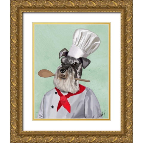 Schnauzer Chef Gold Ornate Wood Framed Art Print with Double Matting by Fab Funky