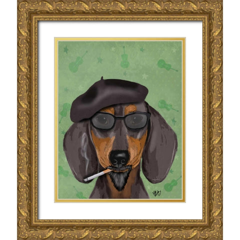 Hipster Dachshund Gold Ornate Wood Framed Art Print with Double Matting by Fab Funky