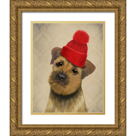 Border Terrier with Red Bobble Hat Gold Ornate Wood Framed Art Print with Double Matting by Fab Funky