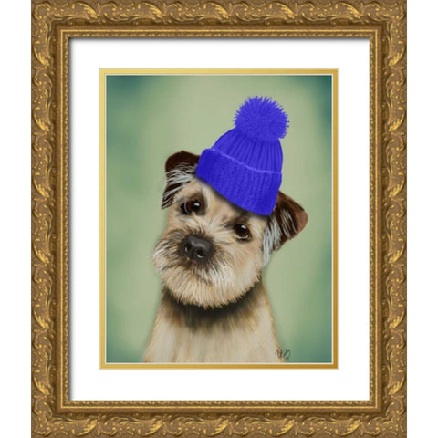 Border Terrier with Blue Bobble Hat Gold Ornate Wood Framed Art Print with Double Matting by Fab Funky