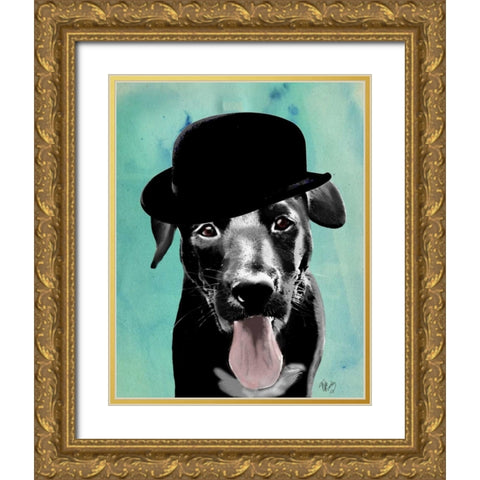 Black Labrador in Bowler Hat Gold Ornate Wood Framed Art Print with Double Matting by Fab Funky