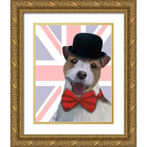 Union Jack Jack Russell Gold Ornate Wood Framed Art Print with Double Matting by Fab Funky
