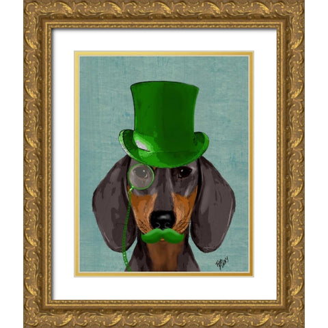 Dachshund with Green Top Hat Black Tan Gold Ornate Wood Framed Art Print with Double Matting by Fab Funky
