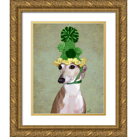Greyhound in Green Knitted Hat Gold Ornate Wood Framed Art Print with Double Matting by Fab Funky