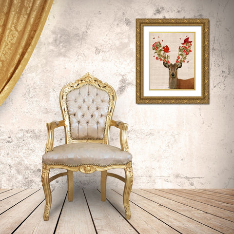 Deer and Love Birds Gold Ornate Wood Framed Art Print with Double Matting by Fab Funky