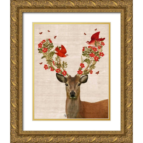 Deer and Love Birds Gold Ornate Wood Framed Art Print with Double Matting by Fab Funky