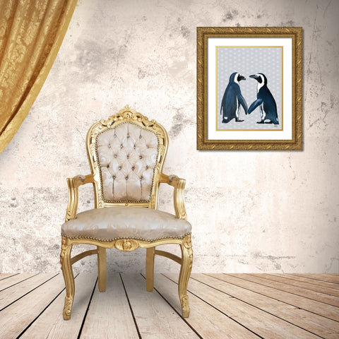 Penguins In Love Gold Ornate Wood Framed Art Print with Double Matting by Fab Funky