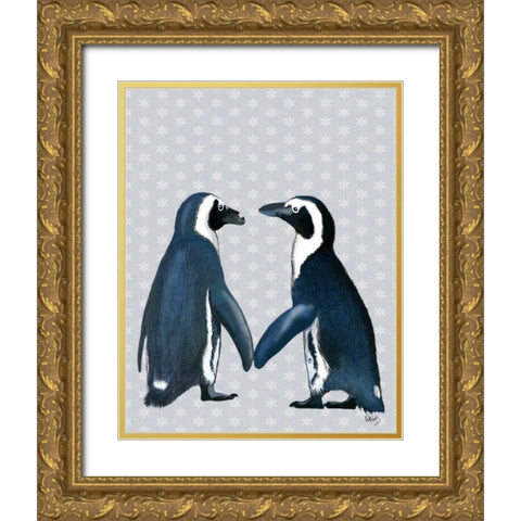 Penguins In Love Gold Ornate Wood Framed Art Print with Double Matting by Fab Funky