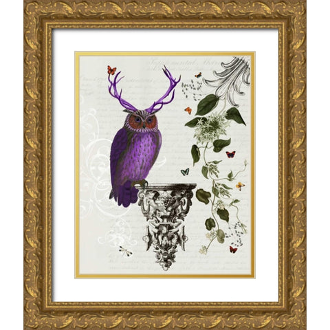 Purple Owl With Antlers Gold Ornate Wood Framed Art Print with Double Matting by Fab Funky