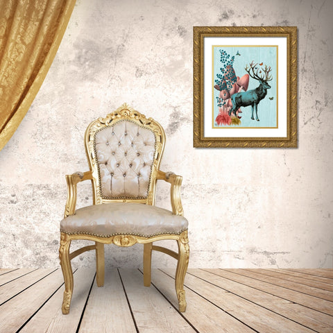 Turquoise Deer in Mushroom Forest Gold Ornate Wood Framed Art Print with Double Matting by Fab Funky