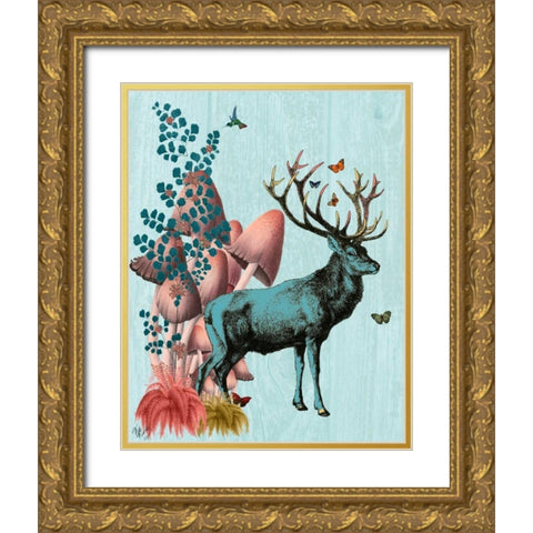 Turquoise Deer in Mushroom Forest Gold Ornate Wood Framed Art Print with Double Matting by Fab Funky