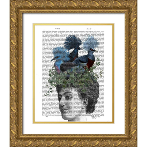 Woman with Blue Birds On Head Gold Ornate Wood Framed Art Print with Double Matting by Fab Funky