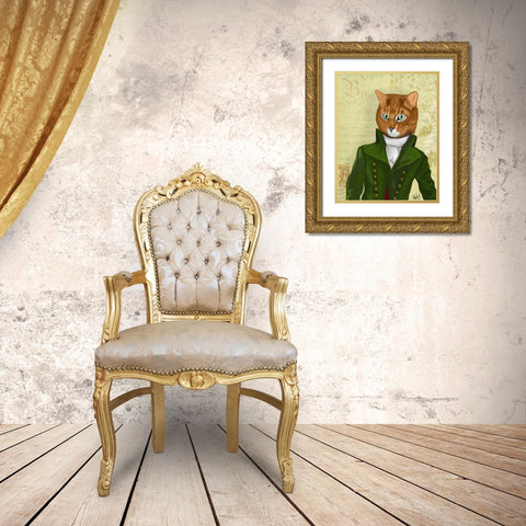 Ginger Cat in Green Coat Gold Ornate Wood Framed Art Print with Double Matting by Fab Funky