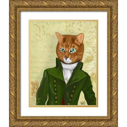 Ginger Cat in Green Coat Gold Ornate Wood Framed Art Print with Double Matting by Fab Funky