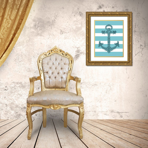 Starfish Anchor in Turquoise and White Gold Ornate Wood Framed Art Print with Double Matting by Fab Funky