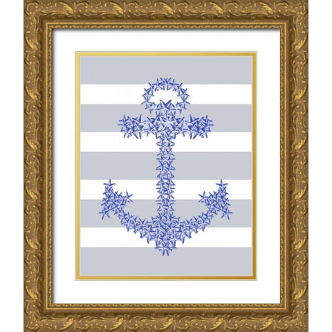 Blue Starfish Anchor on Grey and White Gold Ornate Wood Framed Art Print with Double Matting by Fab Funky